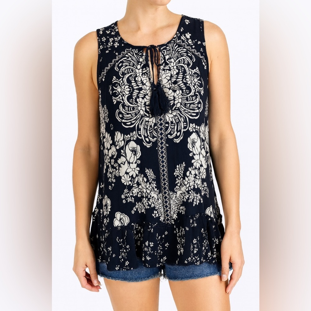 Bila Embroidered Boho Tank Top Navy White Floral Tassel Size S NWT